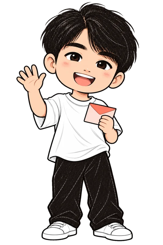Q 版的创办人挥手，手里拿着信封